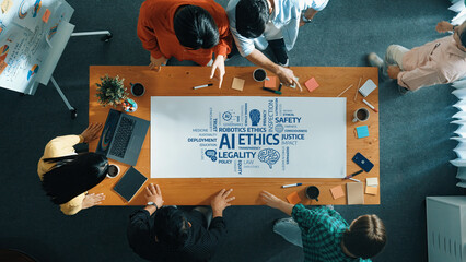 A diverse group of professionals engages in a heated discussion about AI ethics at a modern office...