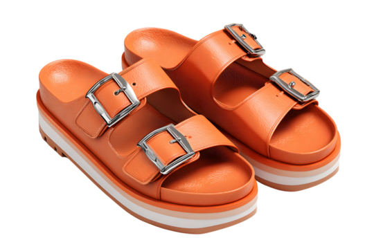 Two orange leather platform shoes with a strap isolated on a transparent background
