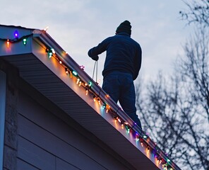 Worker Adjusting Colorful Outdoor Lights on House Roof