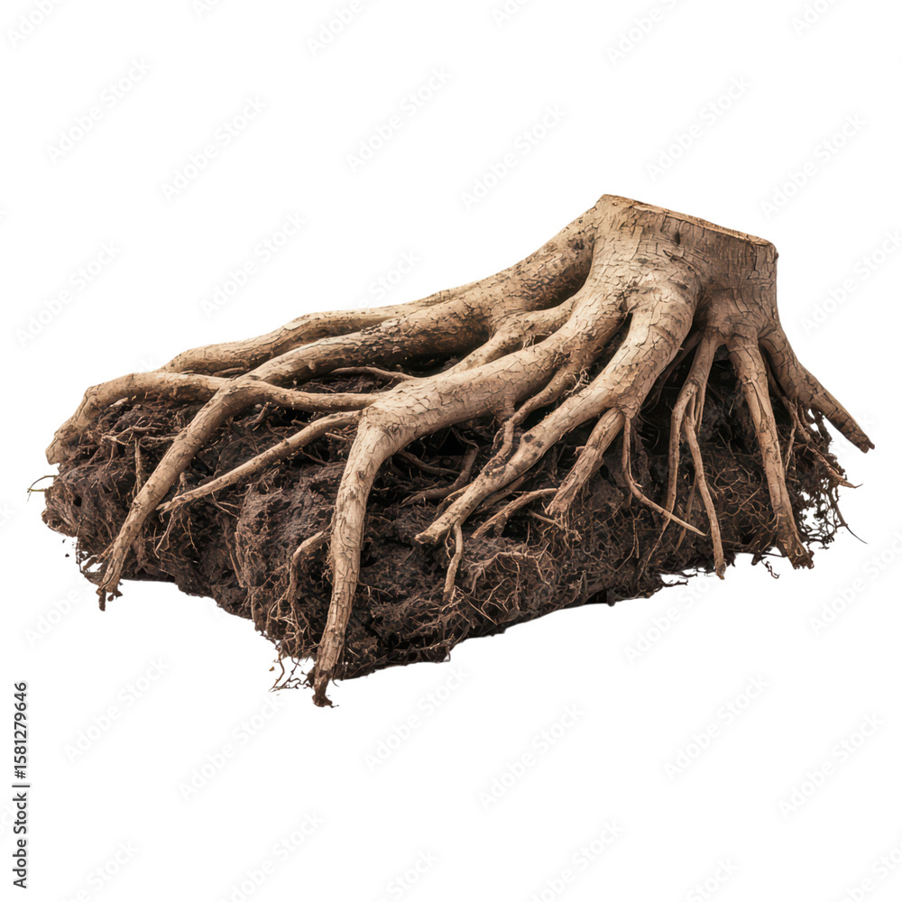 Poster detailed tree root system displaying natural texture and structure, isolated on transparent backgrou