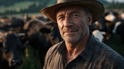 A man with a straw hat in plaid shirt stands confidently with cattle in a serene rural setting at golden hour, ideal for agricultural and lifestyle concepts.