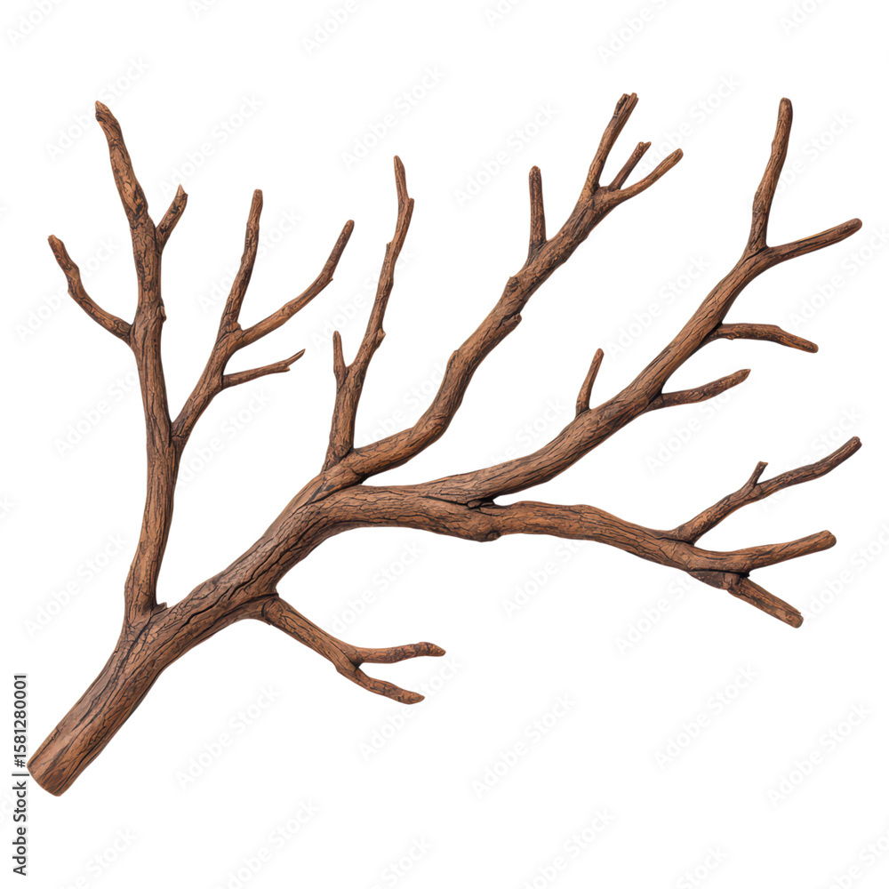 Poster detailed brown tree branch with twigs and natural texture for background, isolated on transparent ba