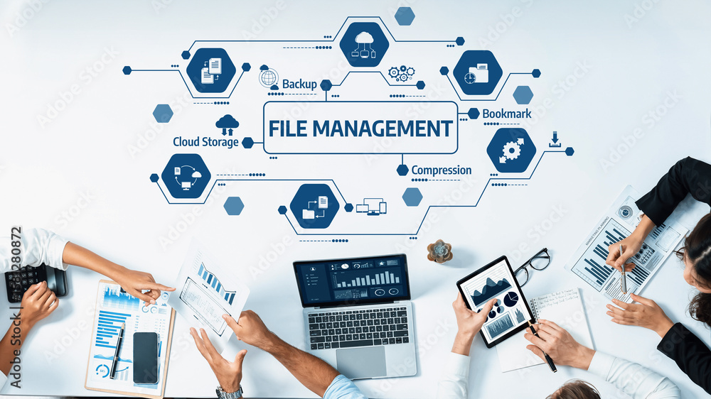 Poster a dynamic creative team effectively collaborating on file management strategies using digital tools 