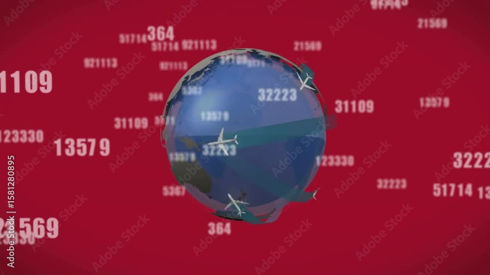 Poster globe scaling up with fading labels as planes flying along ribbons converging visualizing data flow
