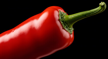 Vivid red chili pepper with glossy surface and green stem on a black background, showcasing its vibrant color and fresh appearance