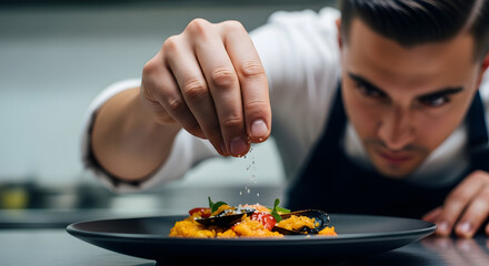 Professional chef garnishing a gourmet seafood dish with salt and herbs, showcasing culinary artistry in a modern kitchen setting