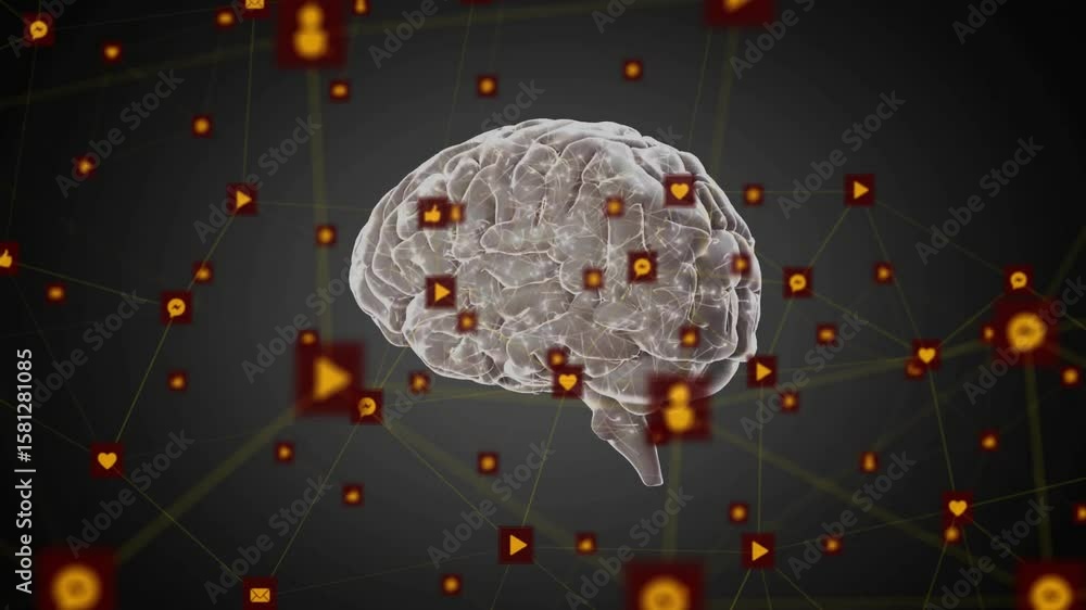 Poster starting with semi-transparent 3d brain over grid rotating and pulsing icons mapping connections