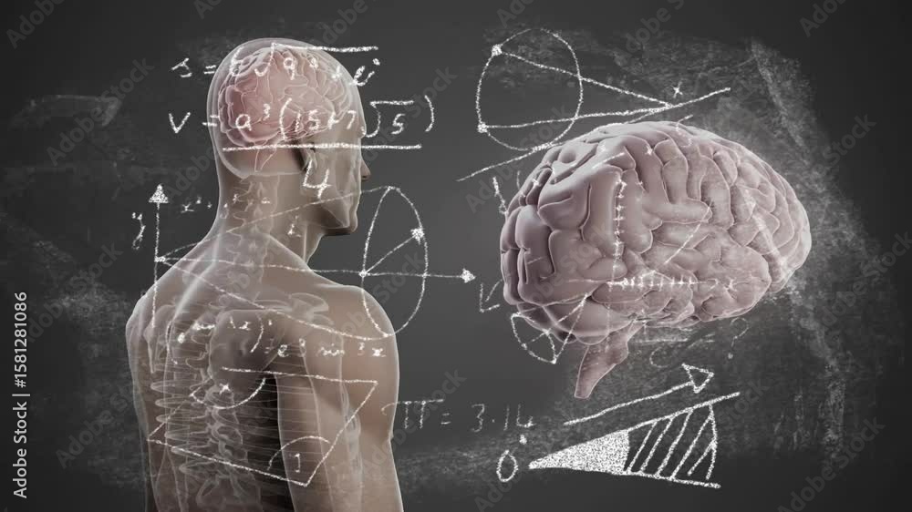 Poster at start model rotating head, torso, chalkboard formulas fading brain adjusting showing anatomy
