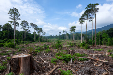 Deforested Rainforest Area Showing Numerous Tree Stumps Brown Earth and Scattered Green Vegetation Under a Partly Cloudy Blue Sky Tall Trees