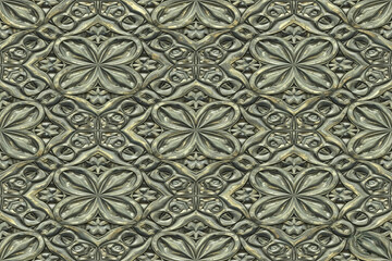 This image features a detailed, seamless pattern reminiscent of antique carved metal or stone. It displays repeating ornate floral and geometric motifs with a textured, metallic sheen and an aged, sli