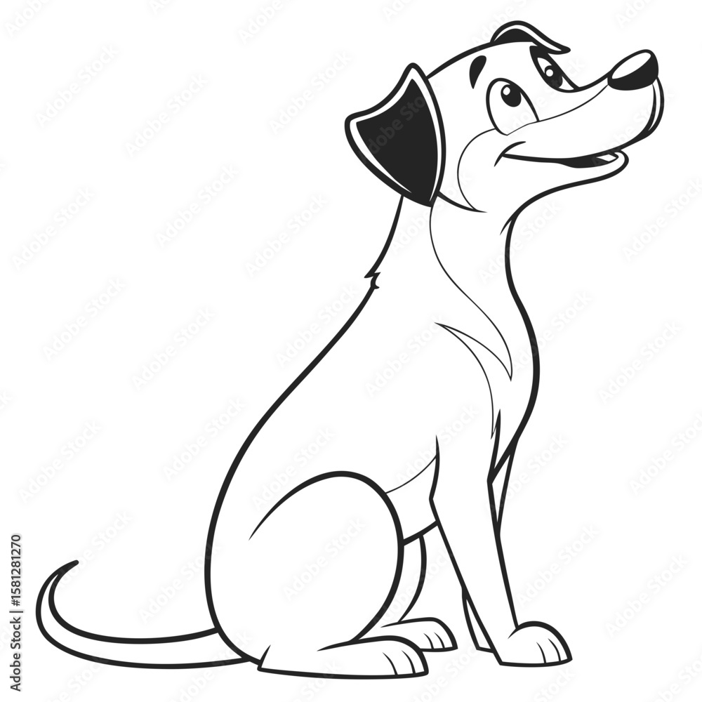 Poster cartoon dog sitting with a happy expression looking up in a black and white outline drawing style im