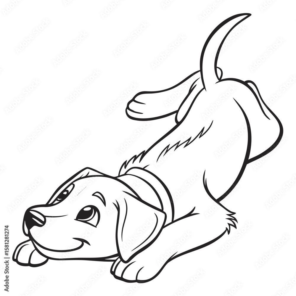 Poster cartoon outline of a playful puppy with a collar stretching and looking up with a happy expression c