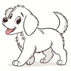 Illustration of a fluffy white puppy with black outlines standing and sticking its tongue out happily created with generated ai