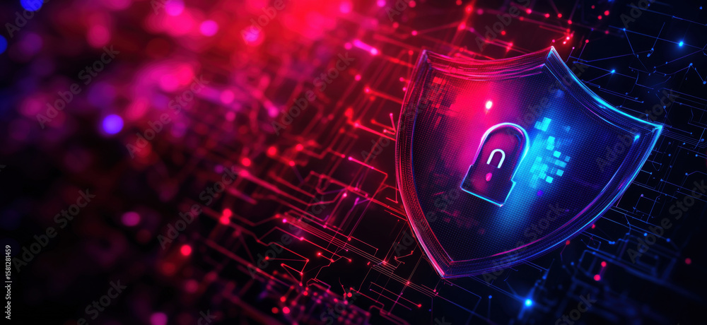 Poster digital security shield with padlock symbol on abstract technology background.