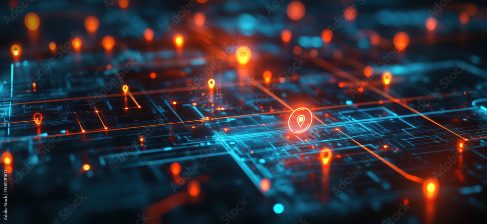 Poster digital map with glowing location pins and network connections in futuristic design.