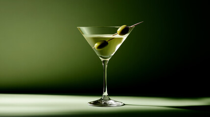 Martini with a green olive on a toothpick illustration in solid sage green background, simple design.