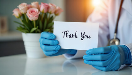 Close-up of a doctor's hands in gloves holding a thank you card  