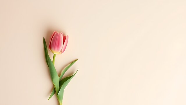 Single tulip on neutral background, arranged in a minimalist top-down floral composition.