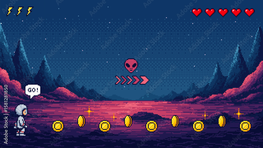 Poster cartoon astronaut character standing on alien planet with coin. pixel art game level design. retro v