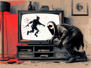 Grim Reaper Watching Static on Retro TV in Dark Room