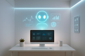 Futuristic Minimalist Office Desk with Glowing AI Assistant Hologram Displaying Graphs in Smart Digital Workspace