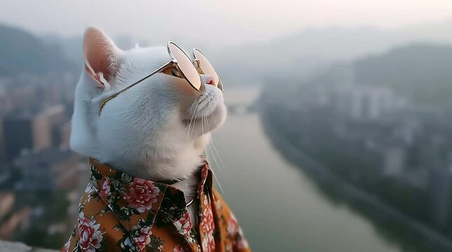 Sophisticated Cat with Sunglasses: A trendy cat dons stylish sunglasses, gazing out at a breathtaking cityscape, dressed in a vibrant floral shirt.