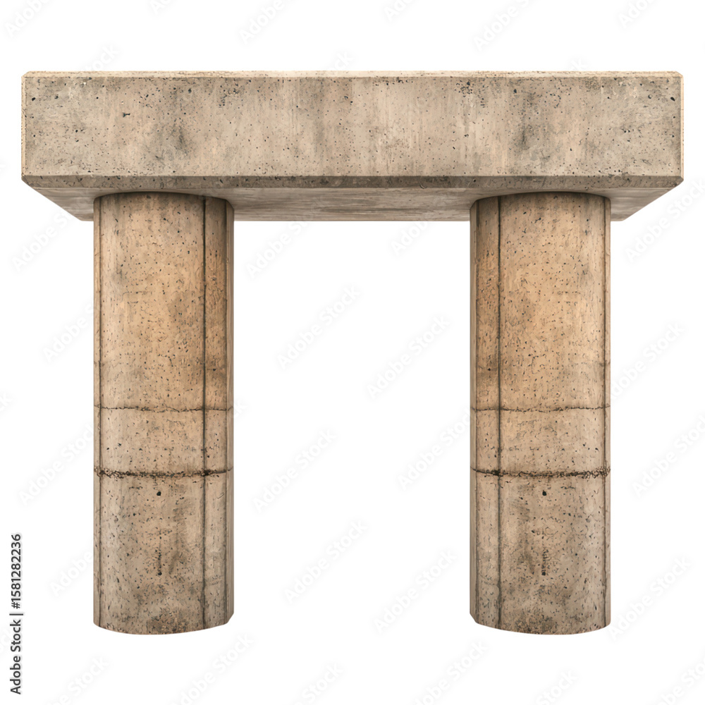 Poster concrete table structure with pillars in minimalist style, isolated on transparent background.