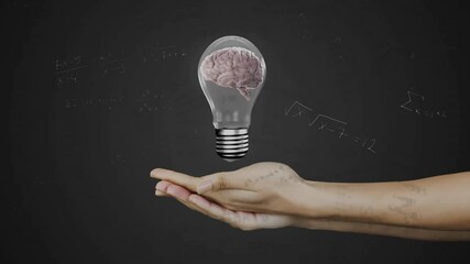 Opening on chalkboard, hands cupping, lightbulb enclosing rotating brain forming visualizing idea - Powered by Adobe