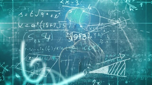 On play 3D wireframe human turning revealing brain glow while formulas swirl illustrating cognition