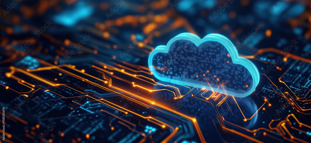 Poster cloud computing concept with glowing circuit board and digital data representation.