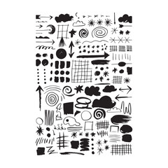 Collection of hand drawn black doodle elements including arrows clouds stars swirls grids and brush strokes on white background