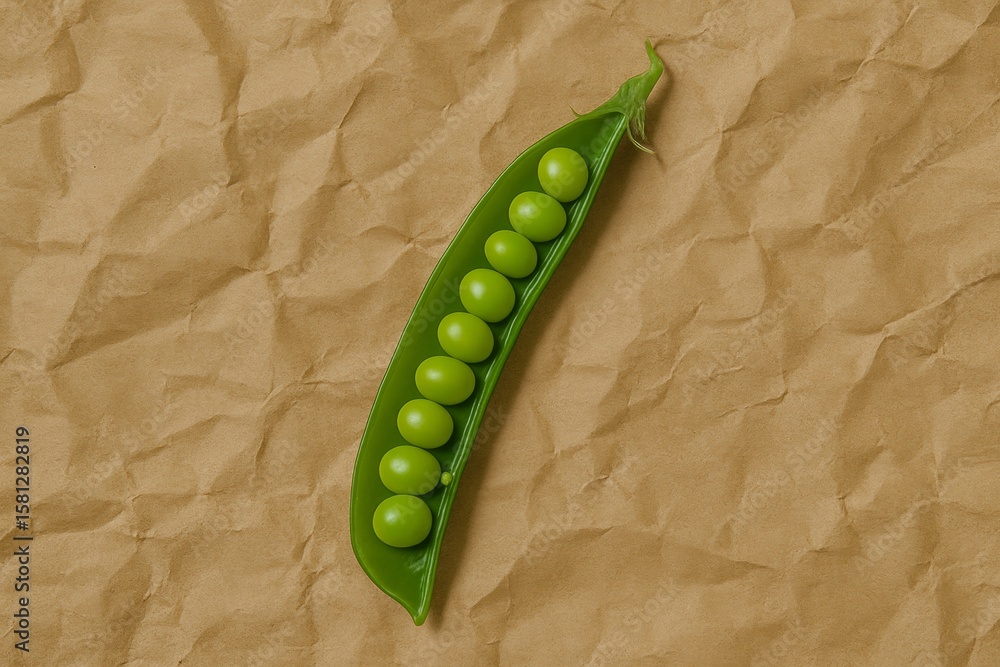 Poster open pea pod with its fresh green peas is displayed on a textured crumpled brown paper background, c
