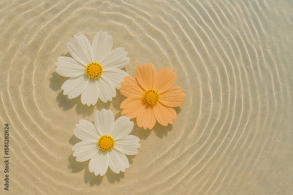 Poster two white and one orange cosmos flowers are floating on a surface of rippling water creating a seren