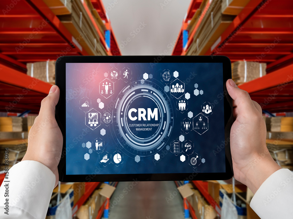 Poster customer relationship management system on modish computer for crm business and enterprise