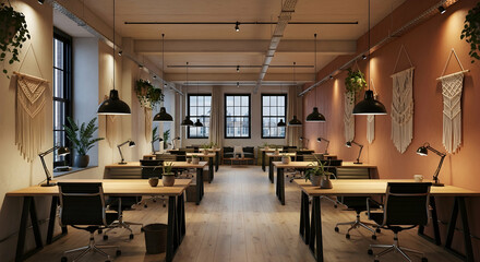 Modern Shared Workspace With Natural Light And Plants For Coworking And Collaboration