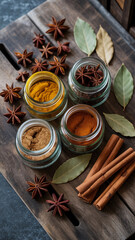 Assortment of aromatic spices including star anise cinnamon and turmeric in glass jars