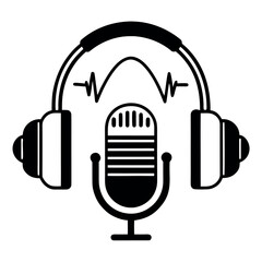 Podcast Icon Set in a Row – Microphone, Headphones, and Sound Wave Symbols in Flat Minimal Design