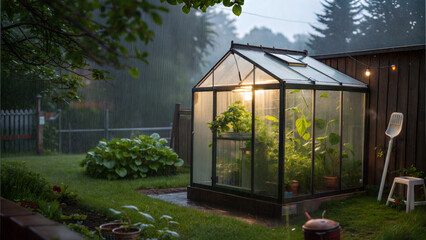 Illuminated greenhouse in the rain surrounded by greenery on a cozy garden evening
