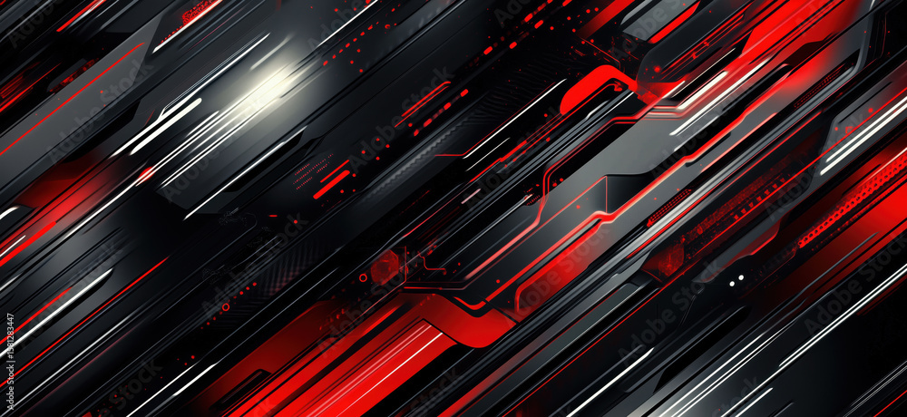 Poster abstract red and black digital background with dynamic lines and circuit patterns.