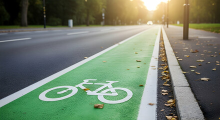 Green bicycle lane in a city park on a sunny autumn day promotes eco-friendly transportation