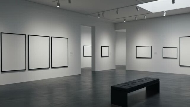 Empty modern art gallery with blank framed canvases, a minimalist black bench, and bright track lighting with a skylight, awaiting new art or creative mockups. No people.