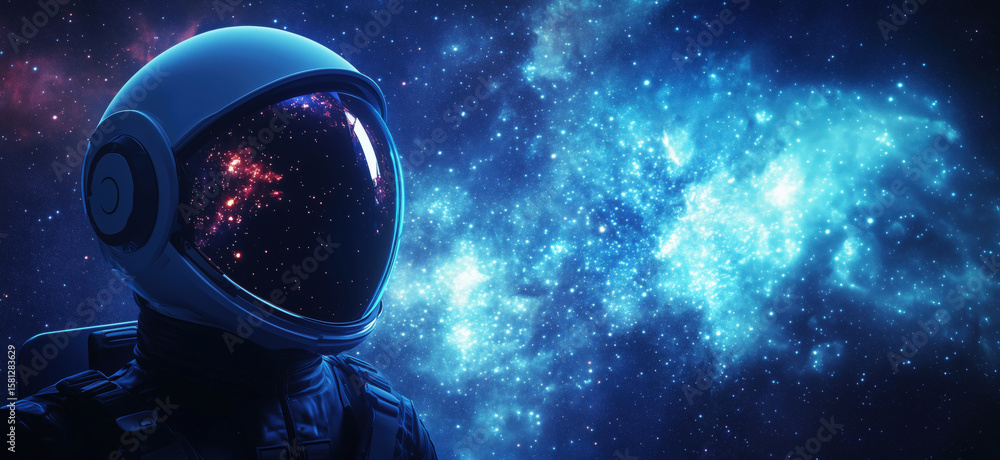 Poster astronaut in space with cosmic background and starry universe.