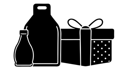 Illustration of a gift box with ribbon next to a large and small bottle in black silhouette style