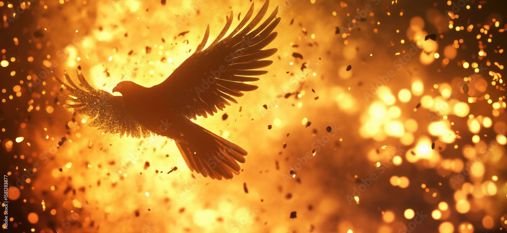 Poster silhouette of a soaring bird against a fiery explosion background with sparks and light.