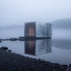 Modern cube-shaped structure on tranquil lake, reflecting trees and sky in misty morning.