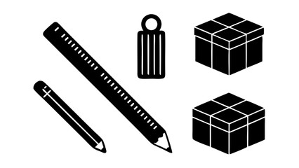 Illustration of a pencil ruler tag and two isometric cubes in black and white color scheme image