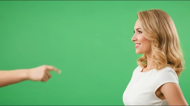 A happy young woman writes on a green chalkboard in a classroom, smiling as she learns