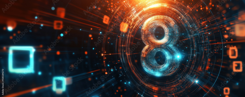 Poster futuristic digital representation of number 8 with glowing effects and abstract background.