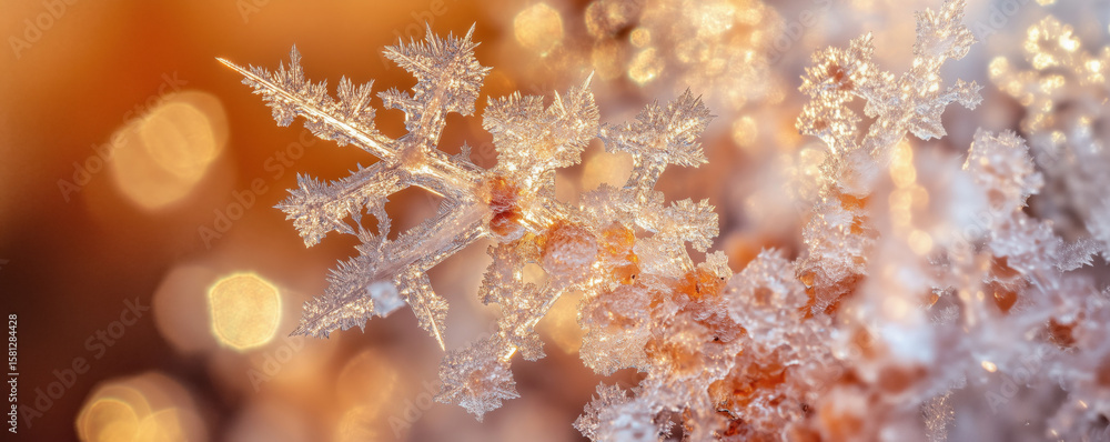 Aufkleber intricate snowflake close-up showcasing delicate crystalline structures and warm bokeh background.