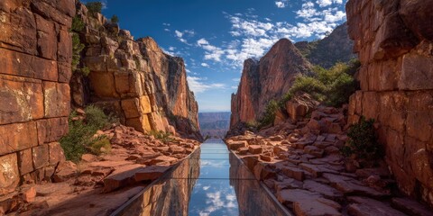 A glass pathway reflects the sky between towering red rock formations.